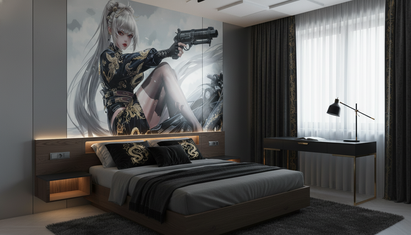 Guerrière Cyberpunk aux Cheveux Argentés sur Moto Futuriste - Chambre ado