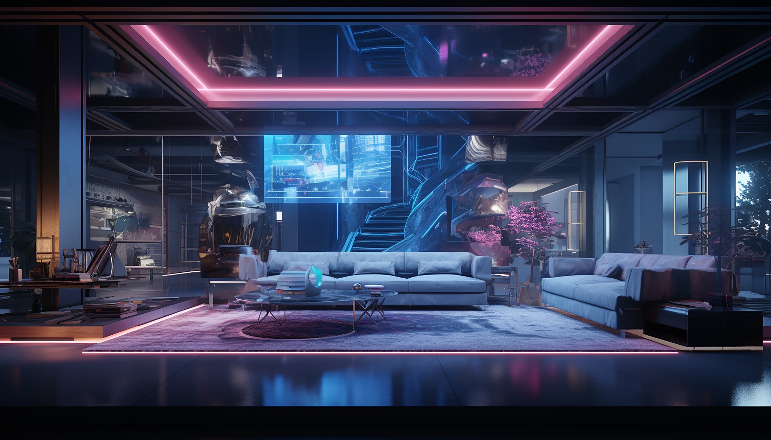 Salon Futuriste Cyberpunk avec Éclairage Néon Rose et Bleu