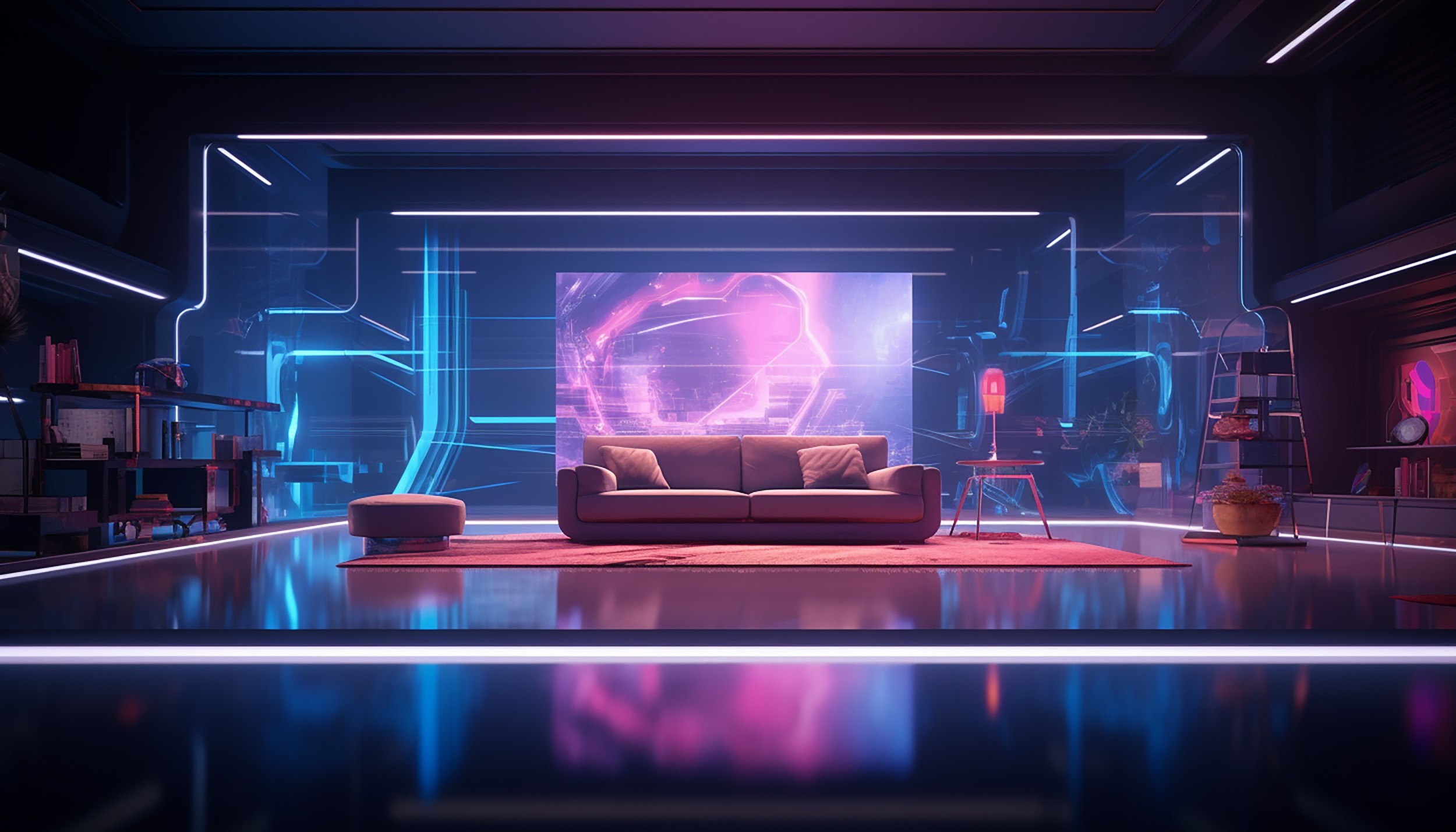 Salon Futuriste Holographique avec Éclairage Néon Bleu et Rose