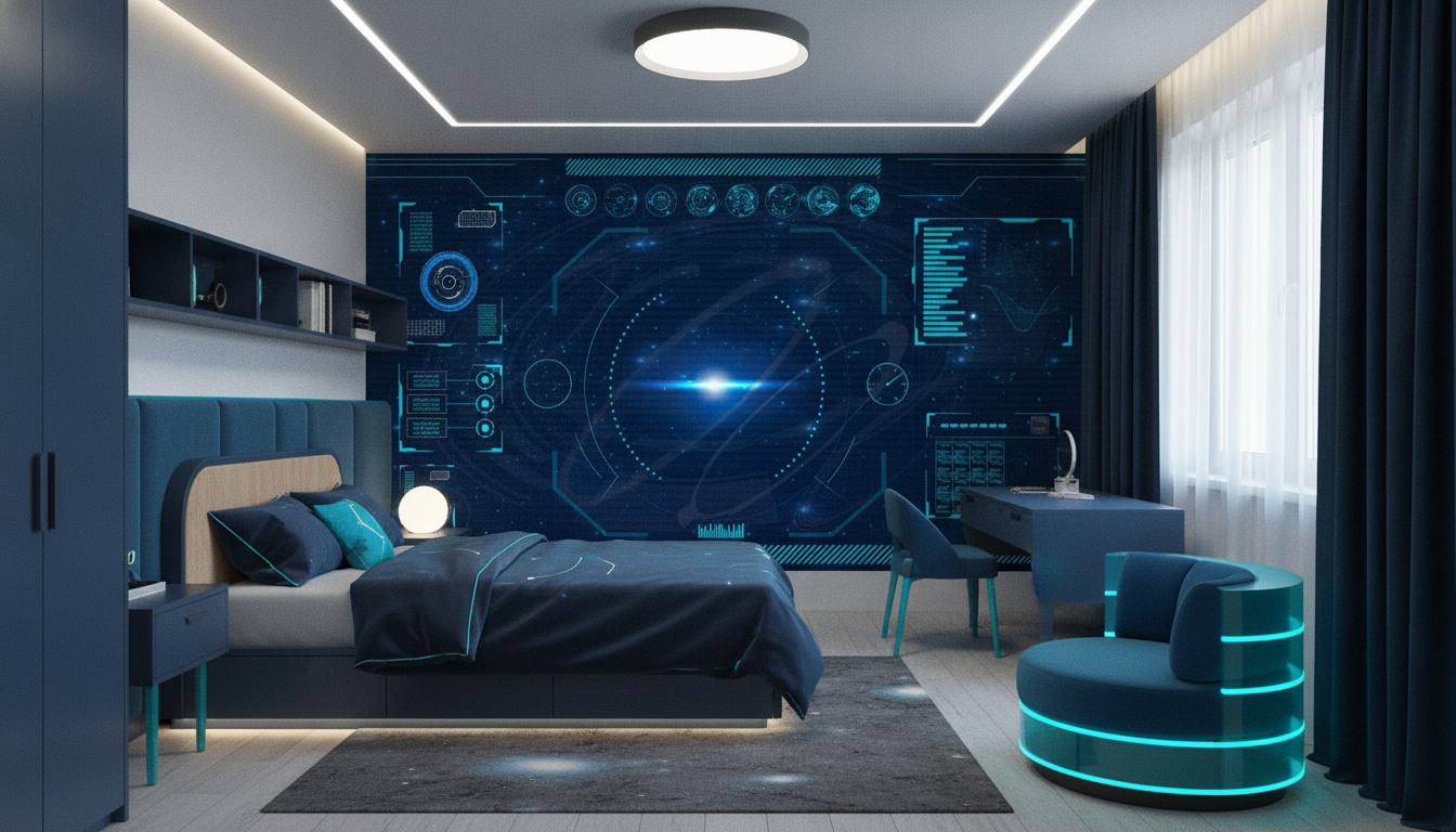 Interface Futuriste Holographique avec Galaxy et Éléments Technologiques - Chambre enfant