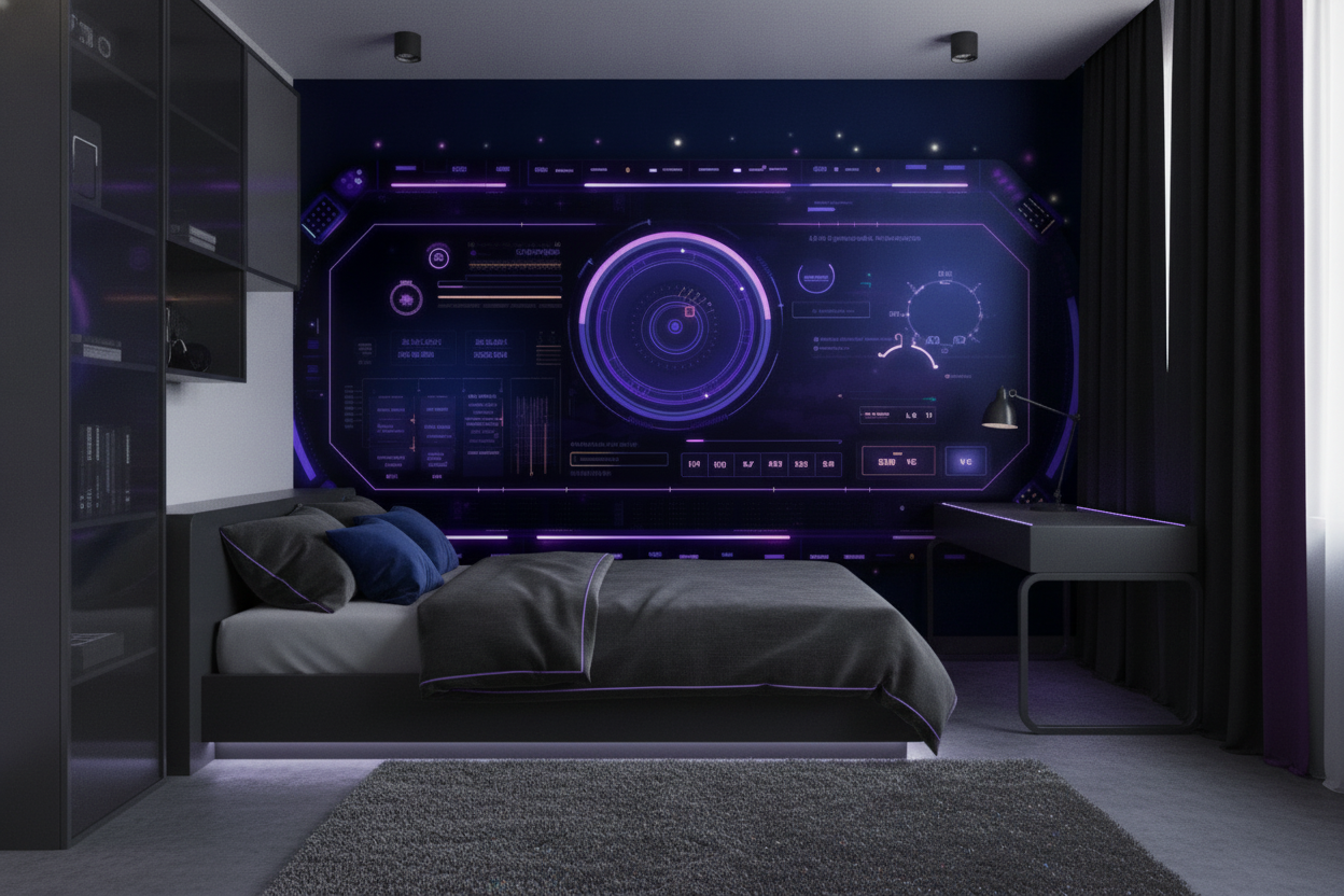 Interface Futuriste Holographique Violette et Bleue Technologique Spatiale - Chambre ado