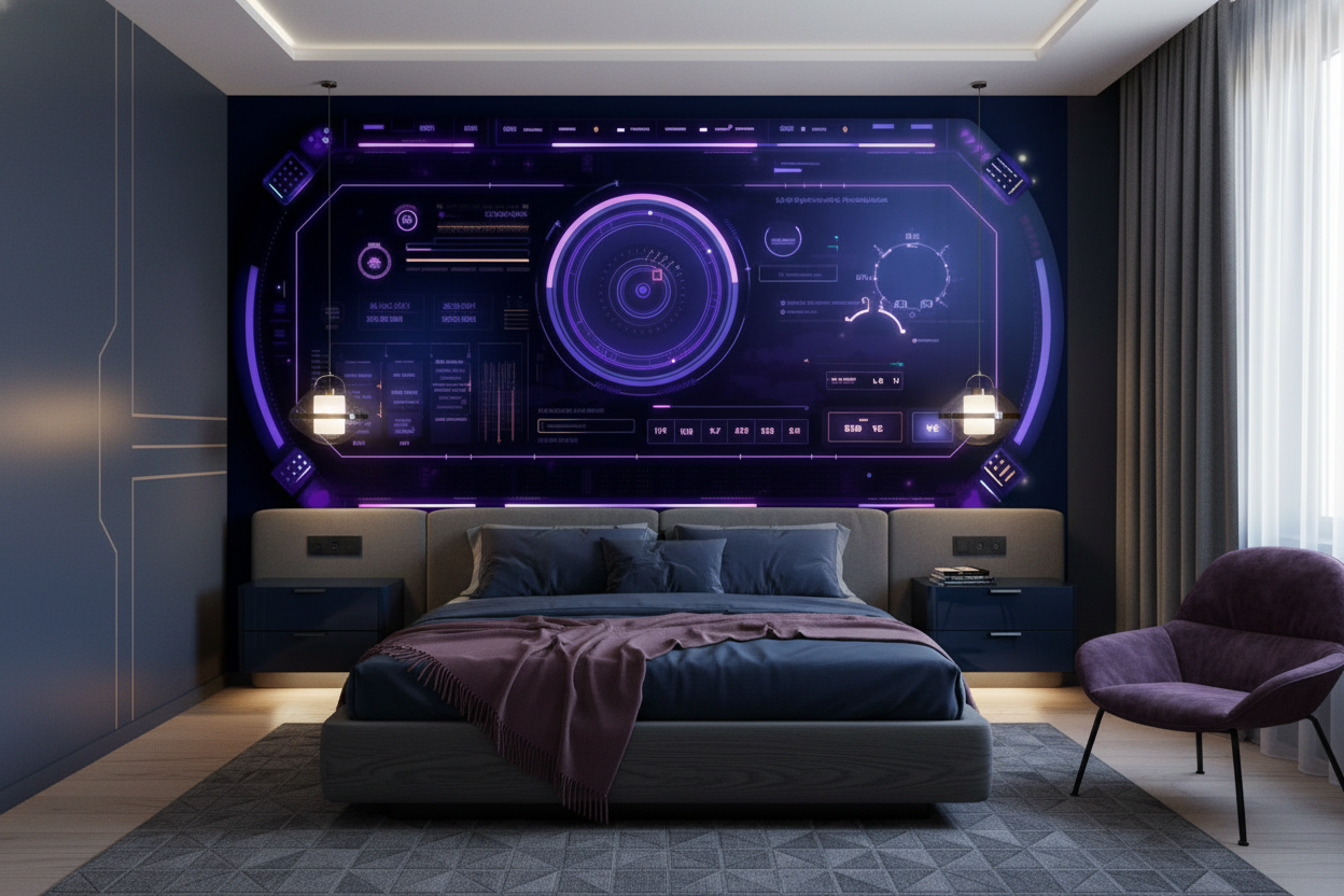 Interface Futuriste Holographique Violette et Bleue Technologique Spatiale - Chambre adulte