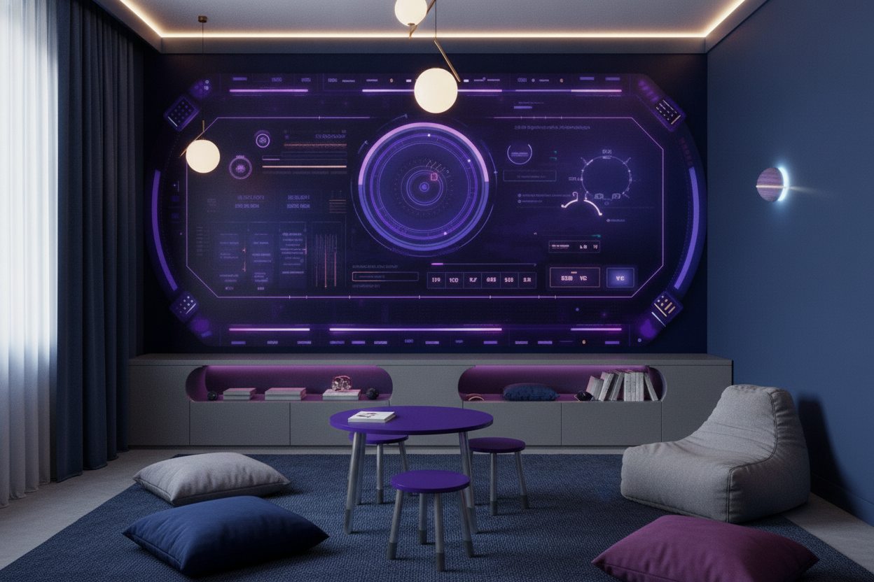 Papier Peint Interface Holographique Violet Bleu Futuriste Gaming — Espace enfant (pro)