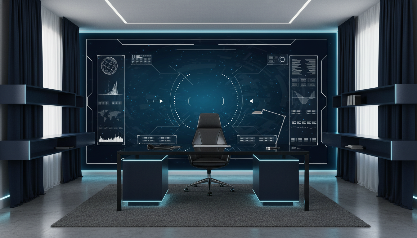 Interface Technologique Futuriste avec Écrans de Contrôle Holographiques - Bureau