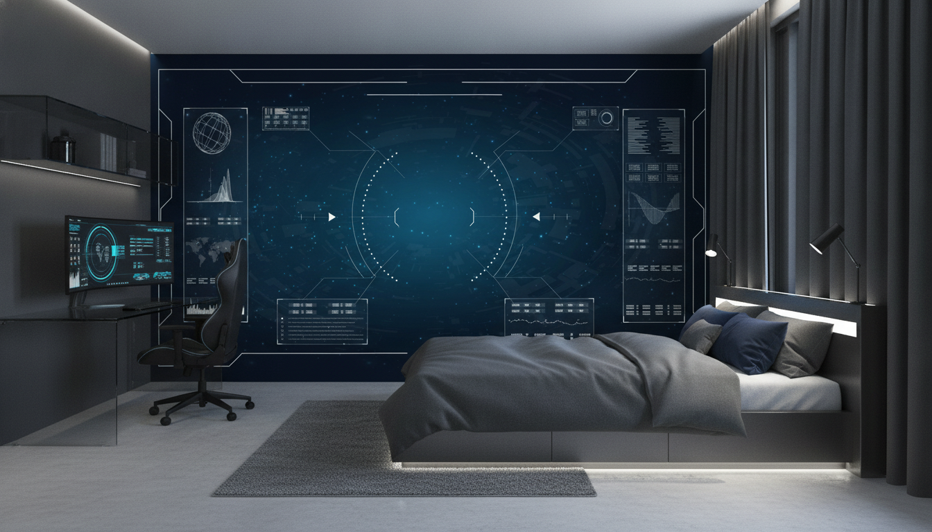 Interface Technologique Futuriste avec Écrans de Contrôle Holographiques - Chambre ado
