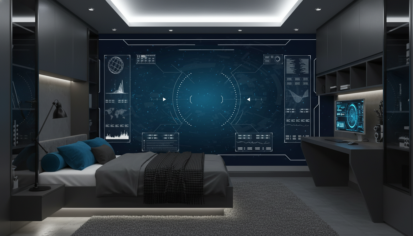 Interface Technologique Futuriste Hologramme Spatial Bleu Numérique - Chambre ado