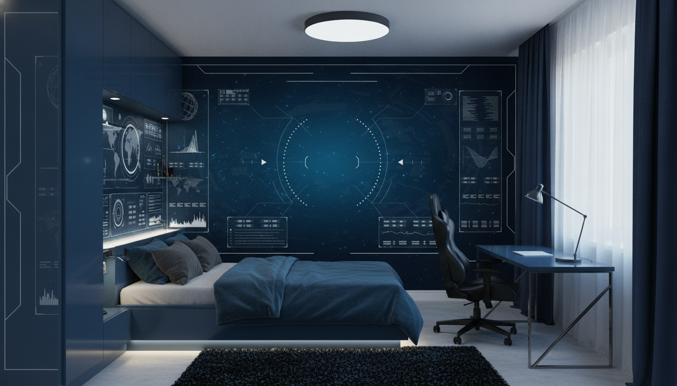 Interface Technologique Futuriste sur Fond Étoilé Bleu Profond - Chambre ado