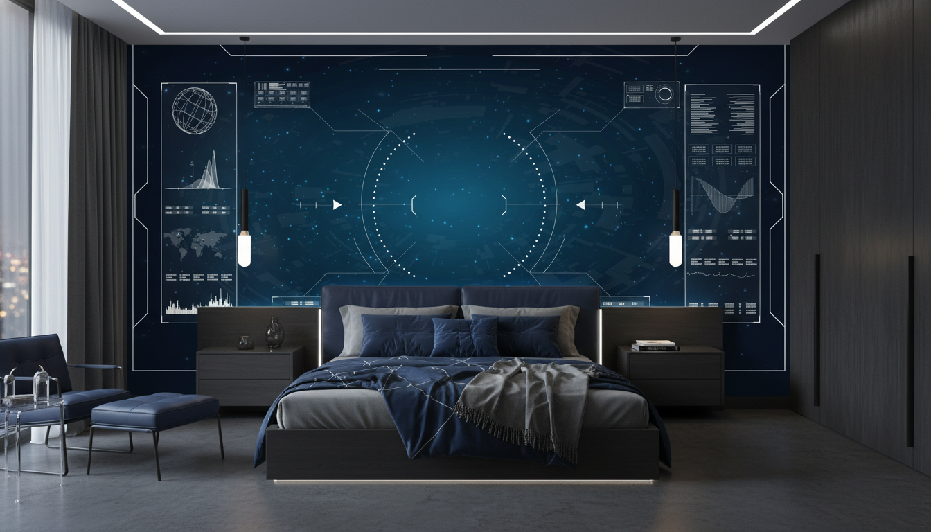Interface Technologique Futuriste sur Fond Étoilé Bleu Profond - Chambre adulte