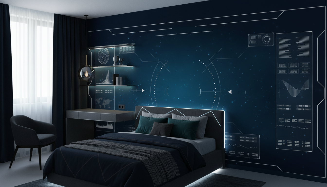 Interface Technologique Futuriste sur Fond Stellaire Bleu Profond - Chambre ado