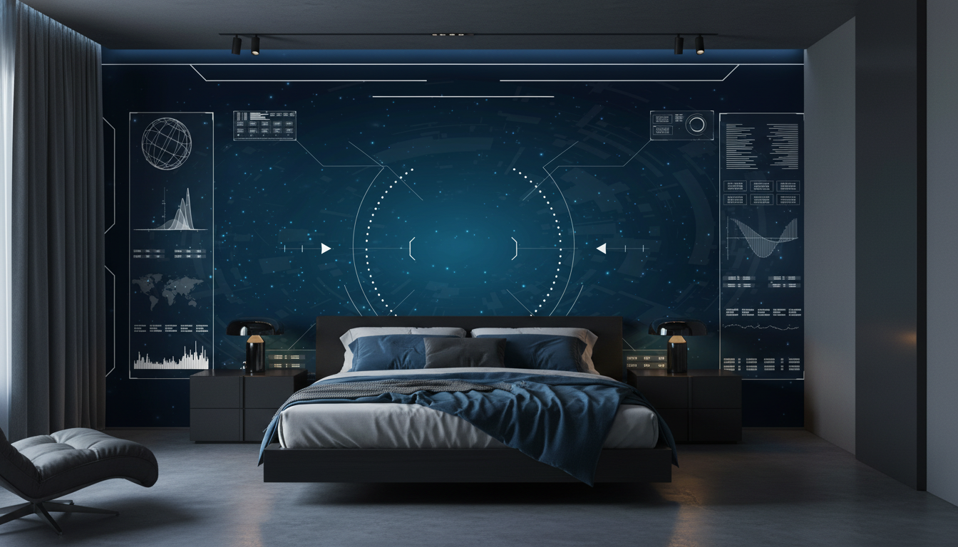 Interface Technologique Futuriste sur Fond Stellaire Bleu Profond - Chambre adulte