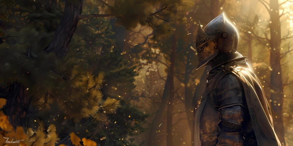Chevalier Médiéval dans Forêt Dorée au Coucher du Soleil