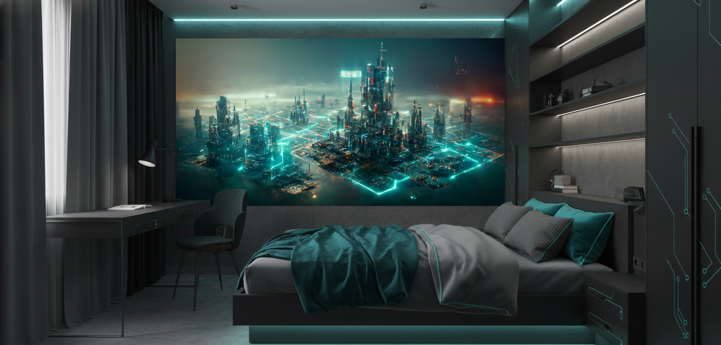 Métropole Futuriste Cyberpunk aux Néons Bleus et Verts Lumineux - Chambre ado