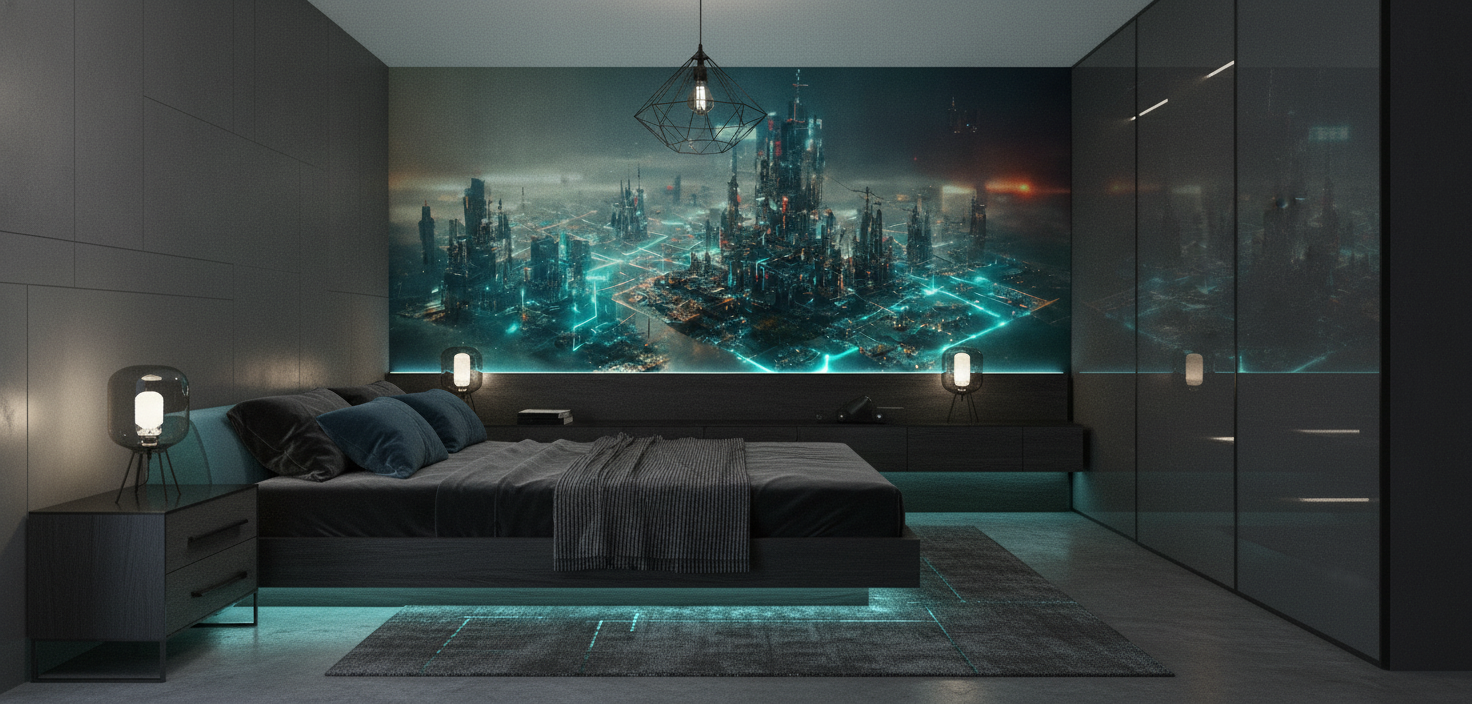 Métropole Futuriste Cyberpunk aux Néons Bleus et Verts Lumineux - Chambre adulte