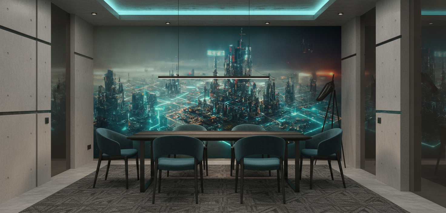 Métropole Futuriste Cyberpunk aux Néons Bleus et Verts Lumineux - Salle à manger