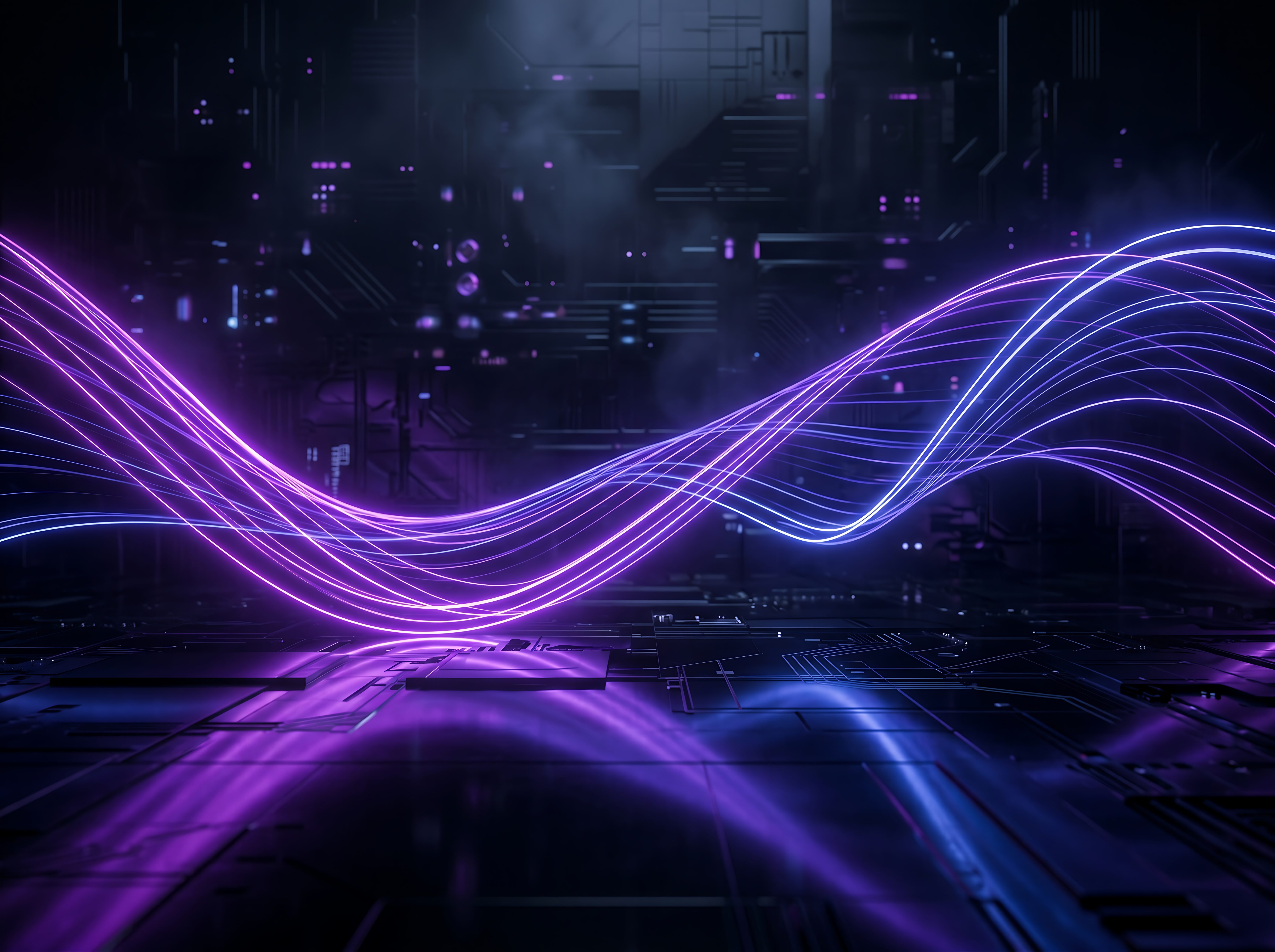 Papier Peint Digital Futuriste Vagues Lumineuses Néon Violet Bleu