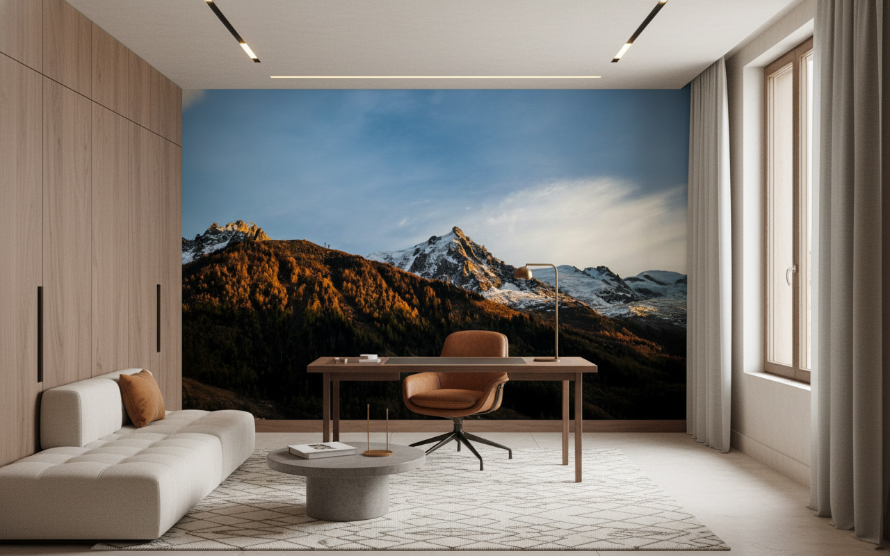 Panorama Alpin au Coucher du Soleil Montagnes Dorées et Neige - Bureau