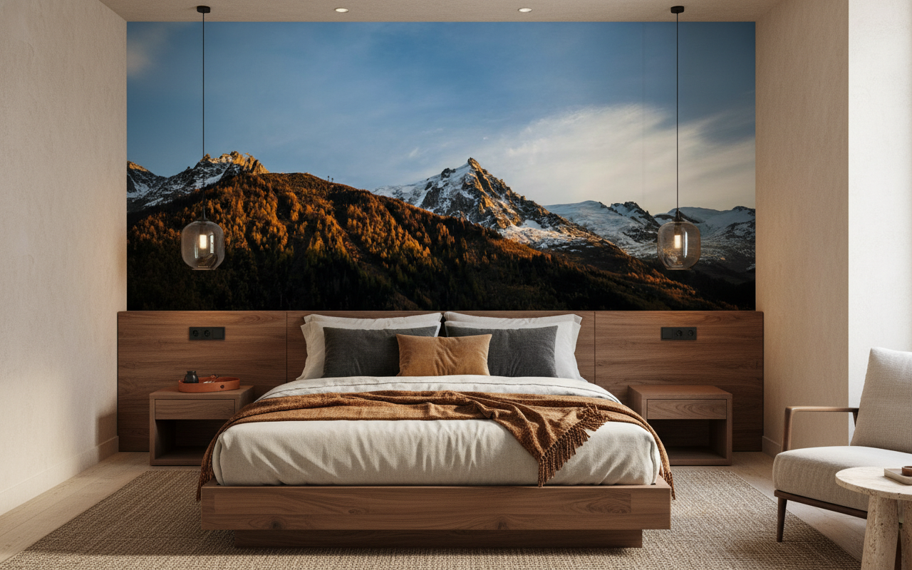 Panorama Alpin au Coucher du Soleil Montagnes Dorées et Neige - Chambre adulte