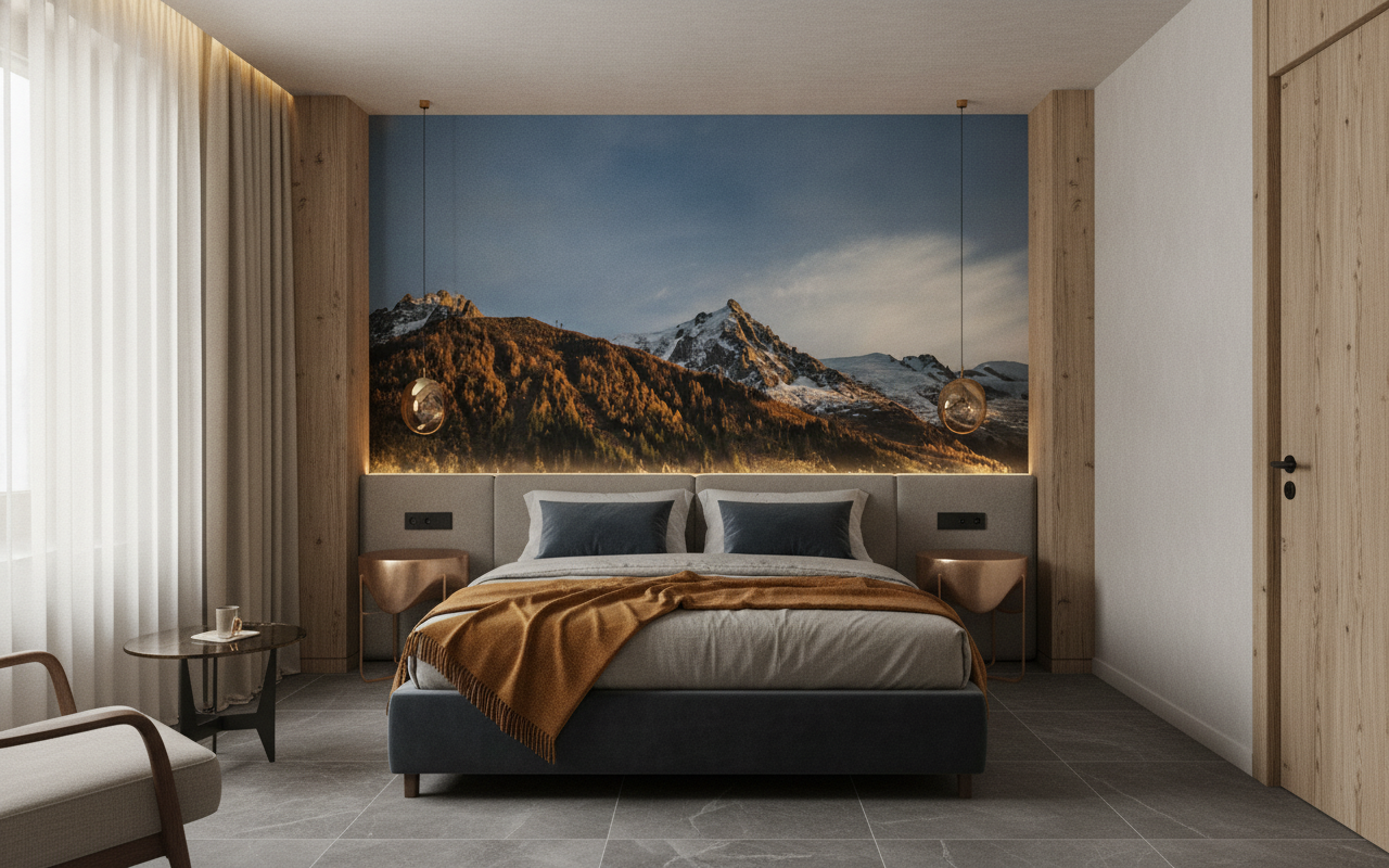 Panorama Alpin au Coucher du Soleil Montagnes Dorées et Neige — Hôtel