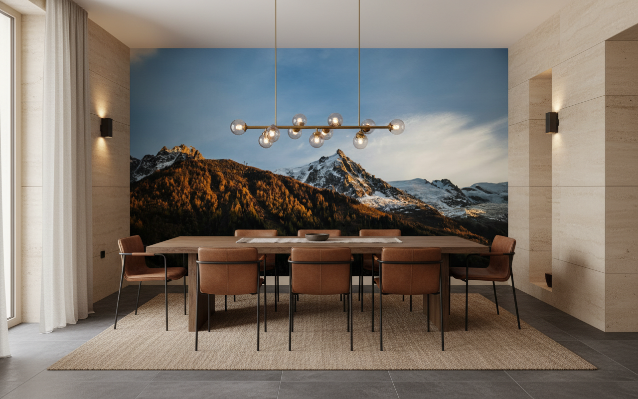 Panorama Alpin au Coucher du Soleil Montagnes Dorées et Neige - Salle à manger