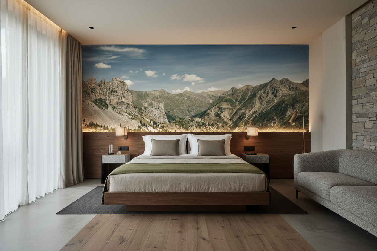 Panorama Montagneux Alpin Vallée Verdoyante et Pics Rocheux Majestueux — Hôtel