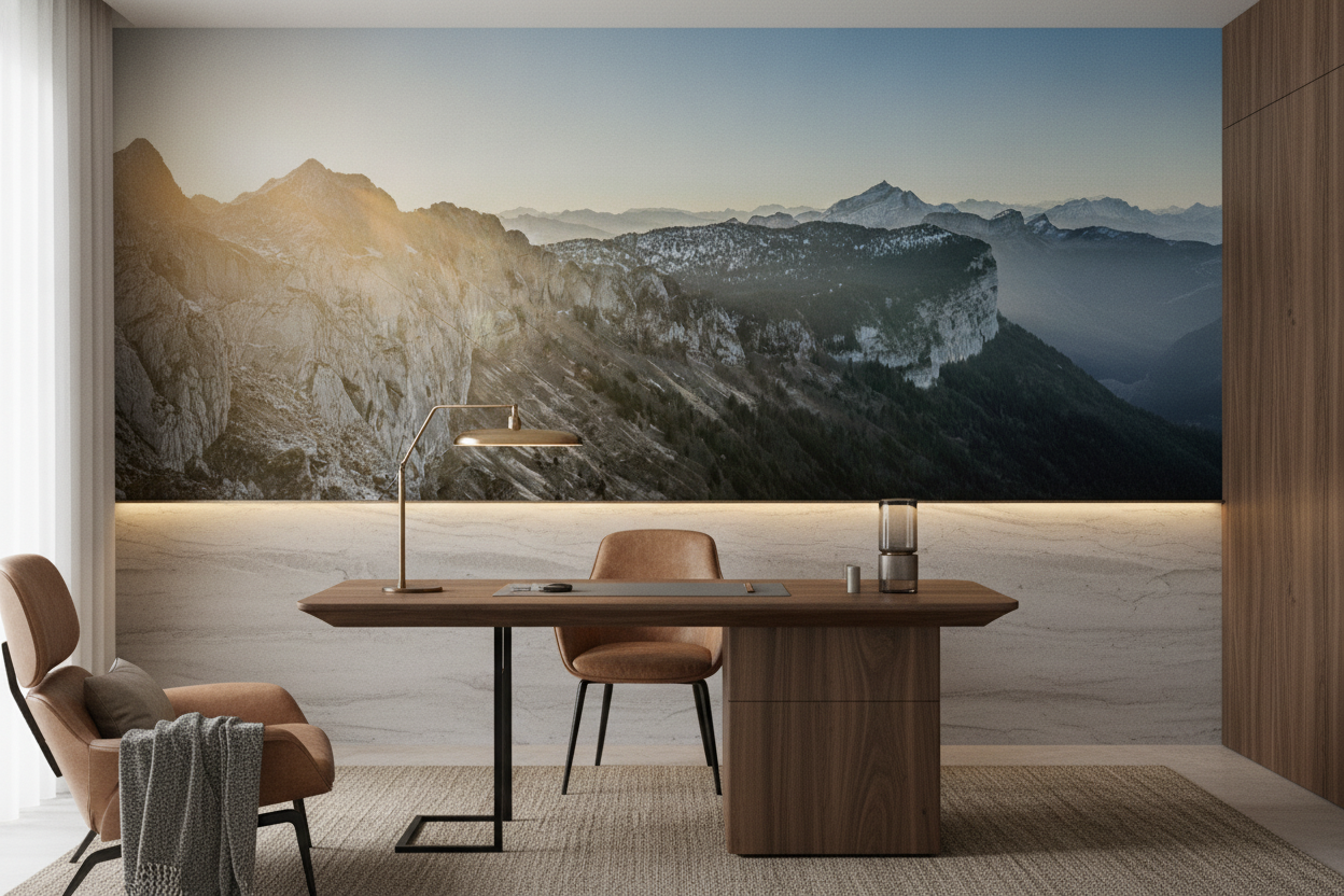 Panorama montagneux au coucher du soleil avec sommets enneigés - Bureau