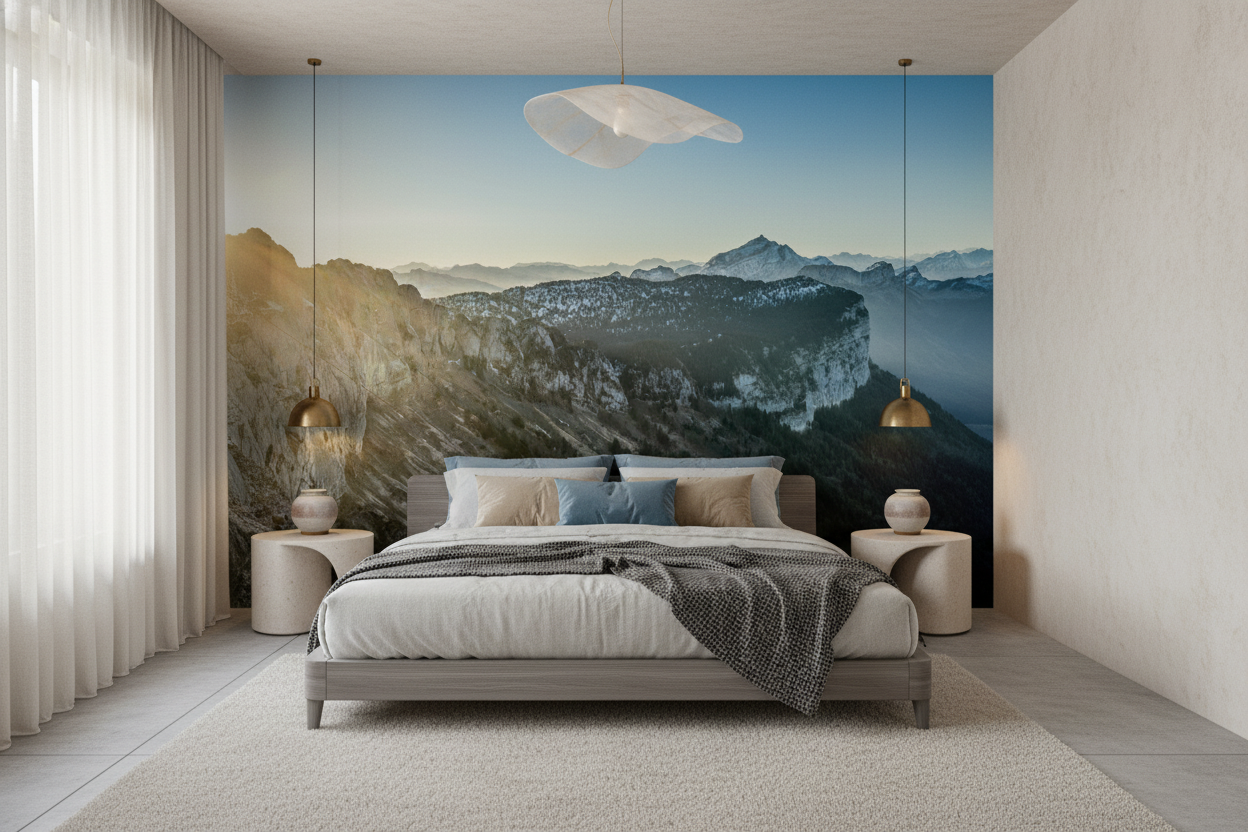 Panorama montagneux au coucher du soleil avec sommets enneigés - Chambre adulte