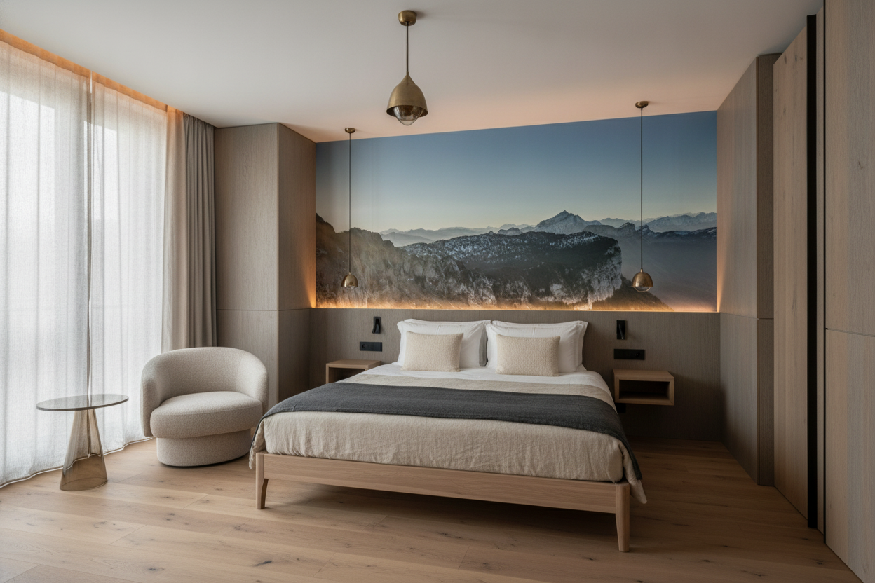 Panorama montagneux au coucher du soleil avec sommets enneigés — Hôtel