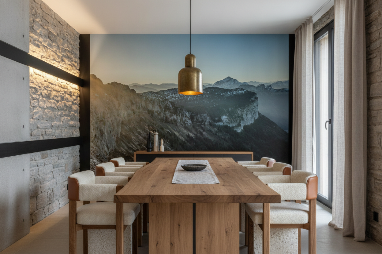 Panorama montagneux au coucher du soleil avec sommets enneigés - Salle à manger