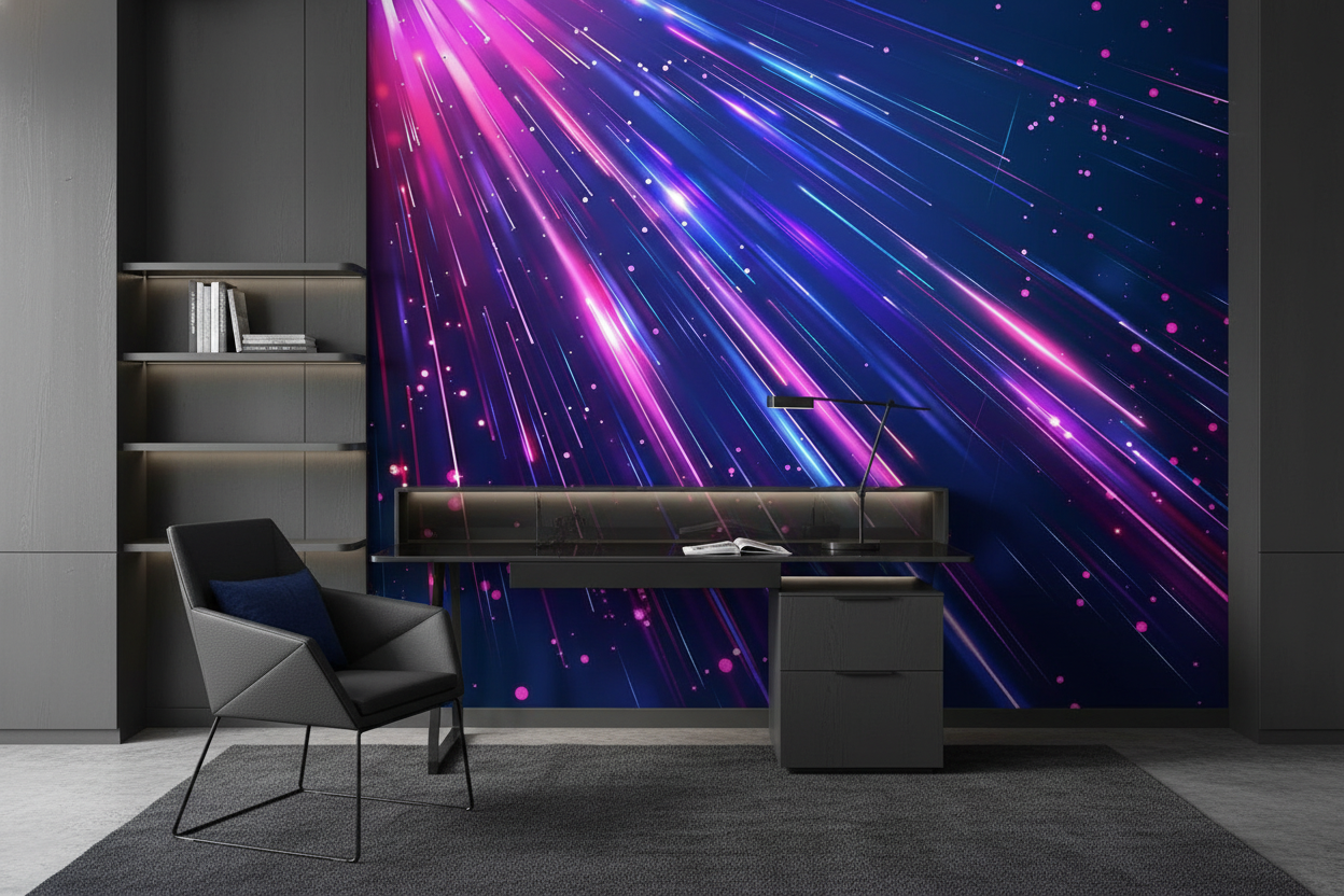 Papier Peint Abstrait Cosmique Rayons Néon Violet et Rose Futuriste — Bureau