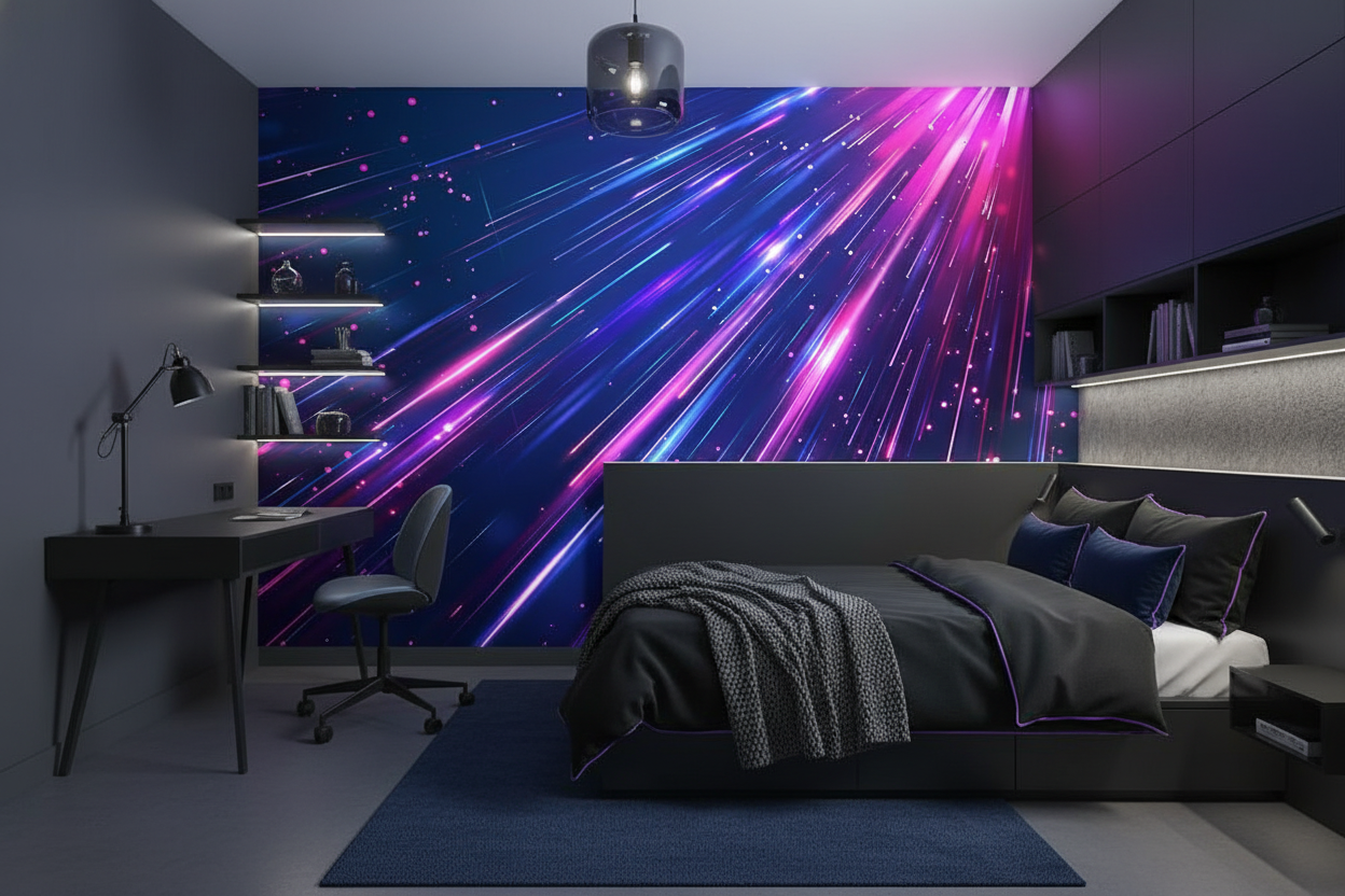 Papier peint abstrait cosmique aux rayons lumineux néon futuriste - Chambre ado