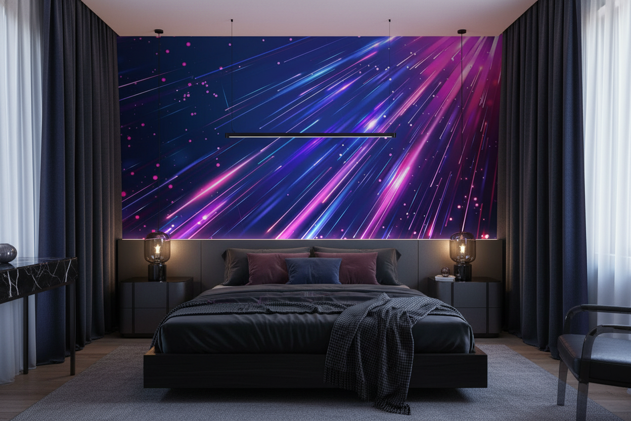 Papier peint abstrait cosmique aux rayons lumineux néon futuriste - Chambre adulte
