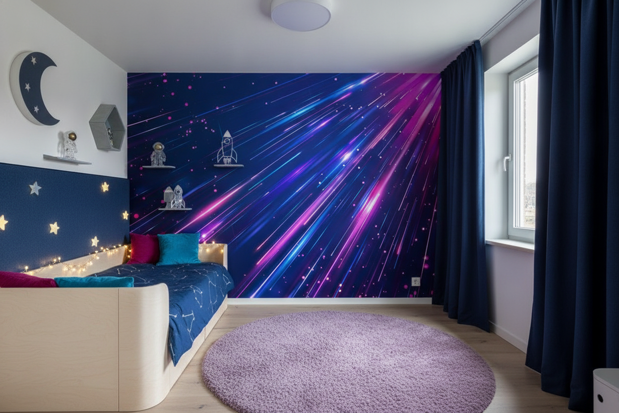 Papier peint abstrait cosmique aux rayons lumineux néon futuriste - Chambre enfant