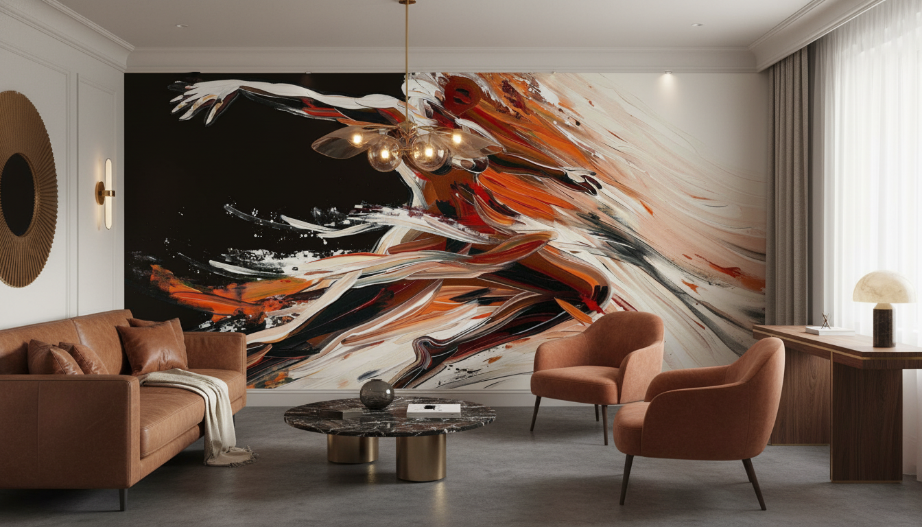 Papier peint abstrait fluide aux nuances chaudes et contrastes sombres — Hôtel