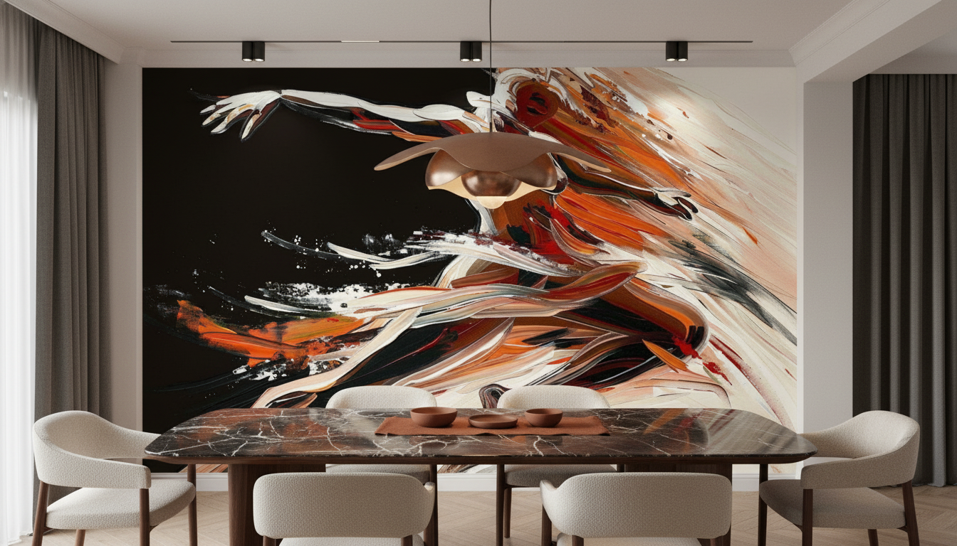 Papier peint abstrait fluide aux nuances chaudes et contrastes sombres - Salle à manger