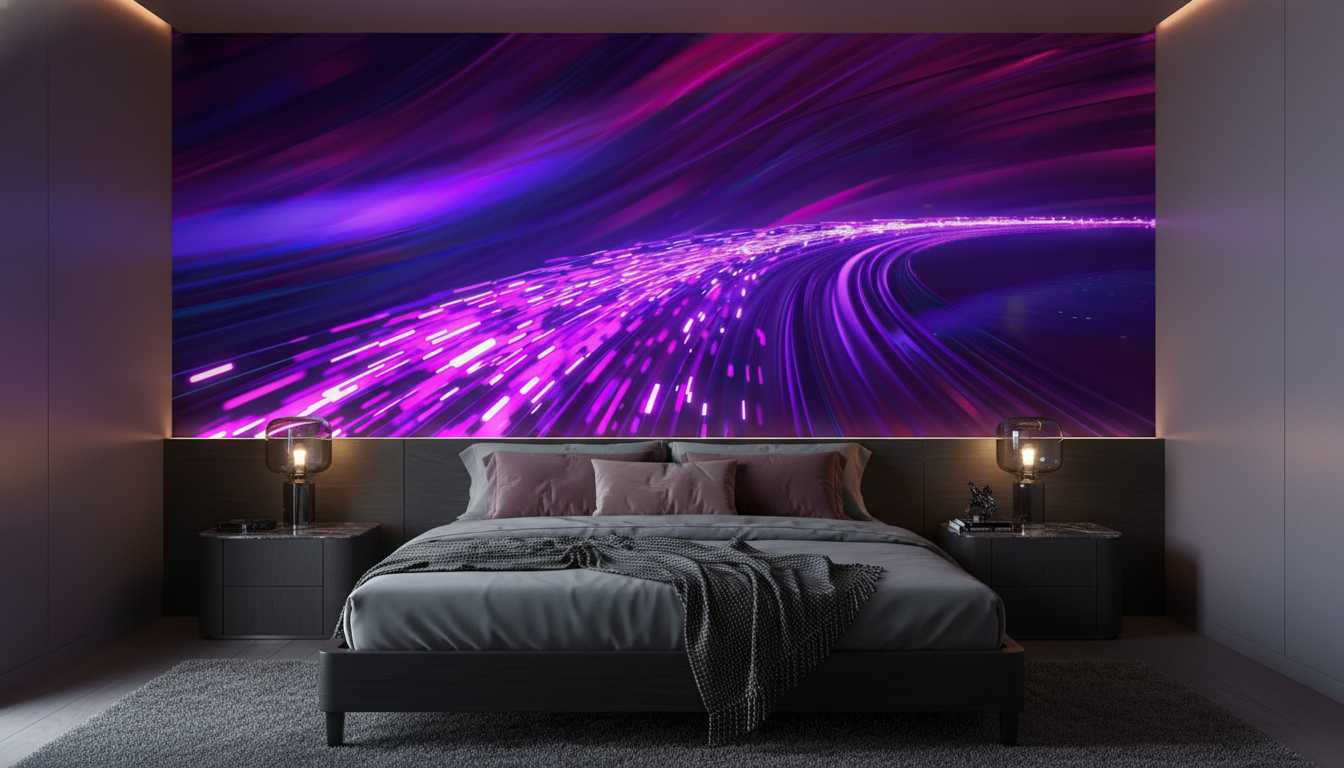Papier Peint Abstrait Flux Lumineux Violet Rose Néon Futuriste - Chambre adulte