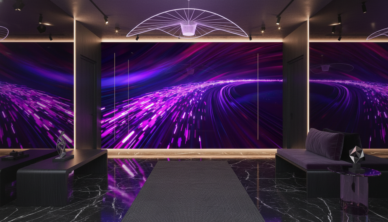 Papier Peint Abstrait Flux Lumineux Violet Rose Néon Futuriste - Entrée