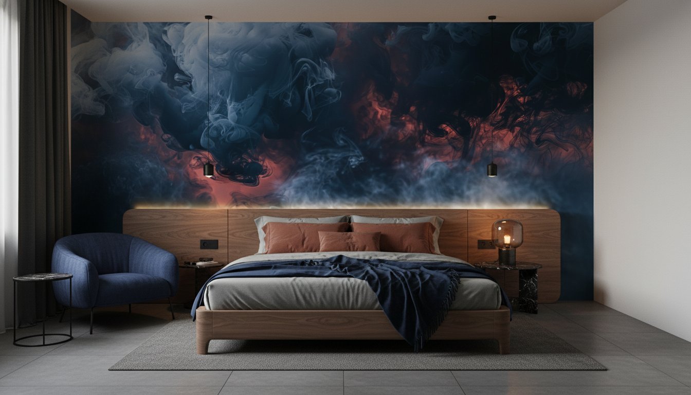 Papier Peint Abstrait Fumée Bleue Rouge Atmosphère Dramatique - Chambre adulte