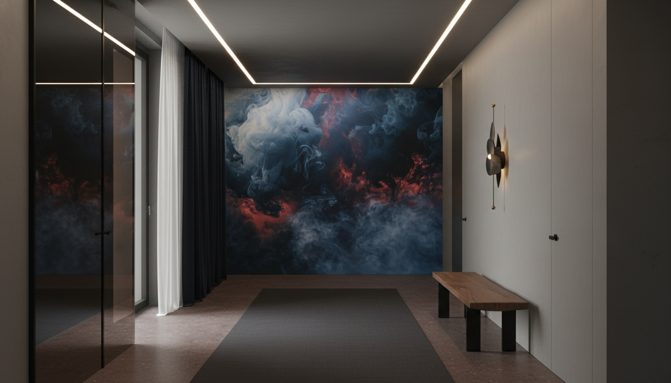 Papier Peint Abstrait Fumée Bleue Rouge Atmosphère Dramatique - Couloir