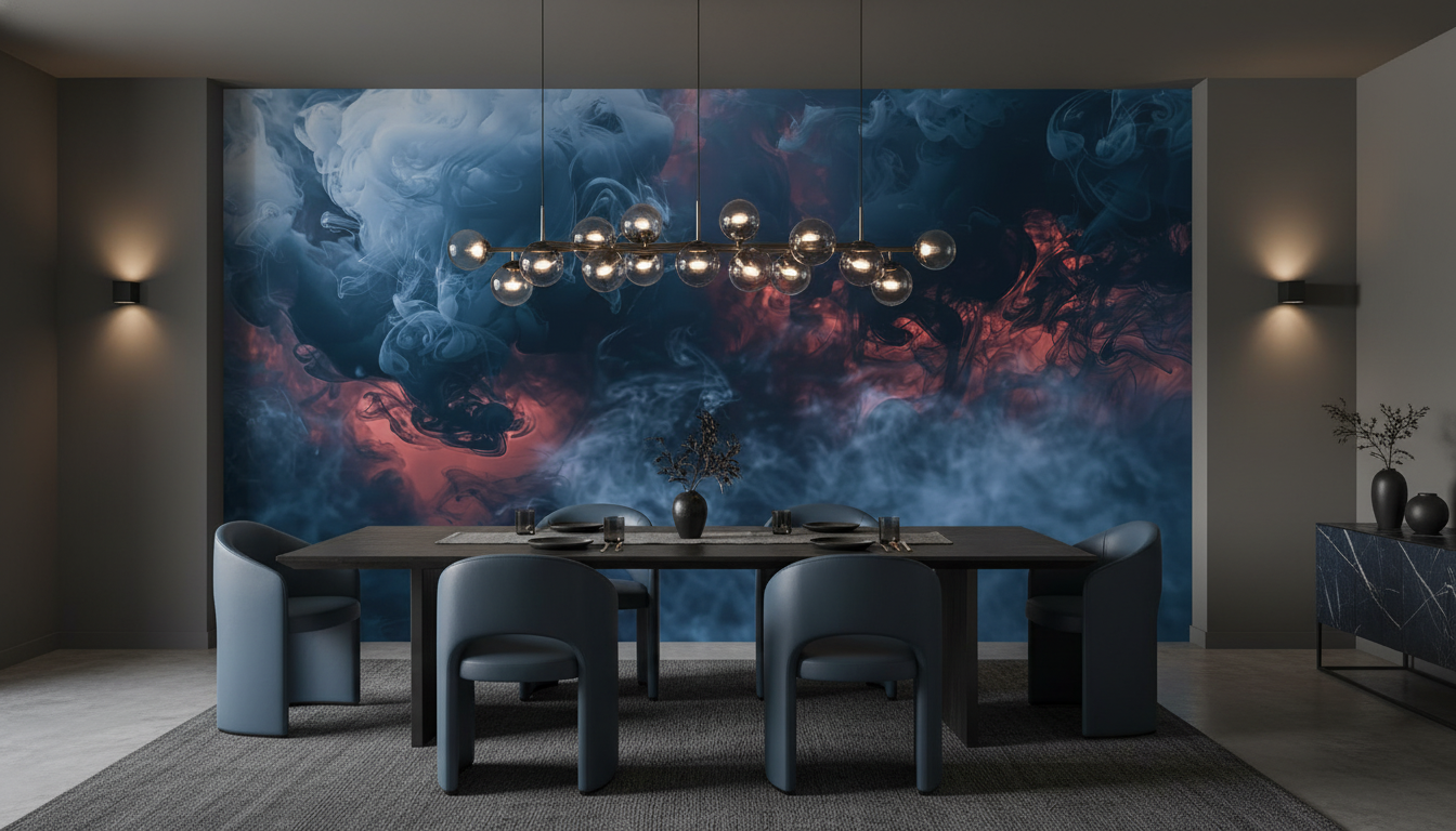 Papier Peint Abstrait Fumée Bleue Rouge Atmosphère Dramatique - Salle à manger