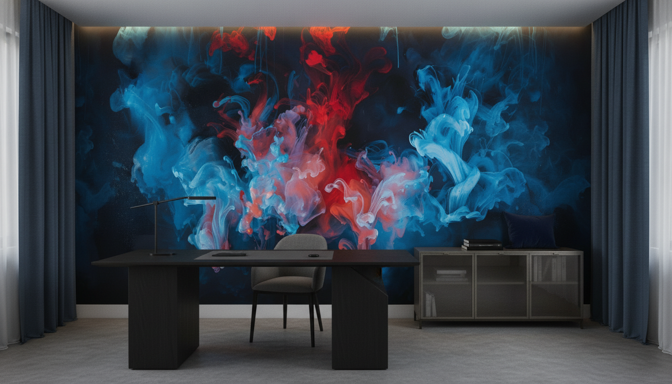 Papier peint abstrait fumée colorée bleu rouge moderne - Bureau