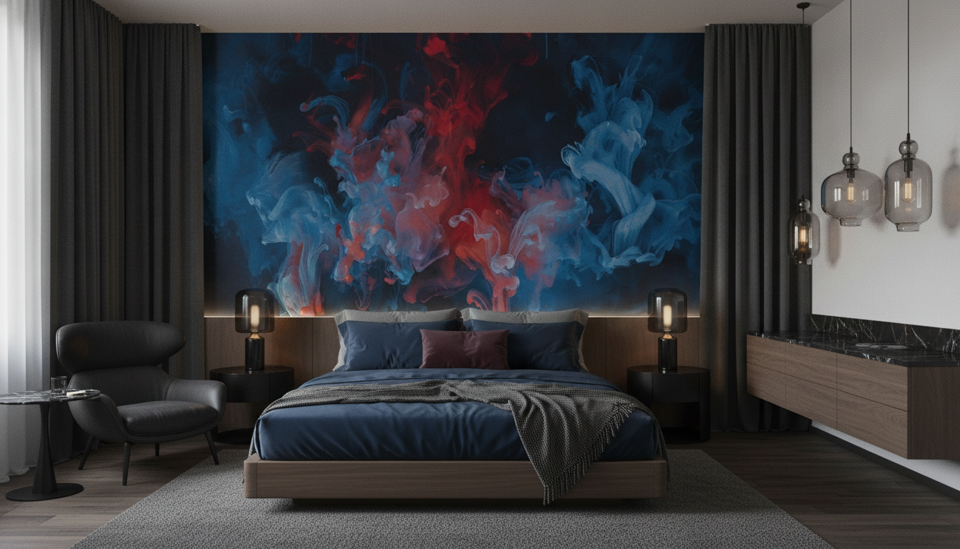 Papier peint abstrait fumée colorée bleu rouge moderne - Chambre adulte