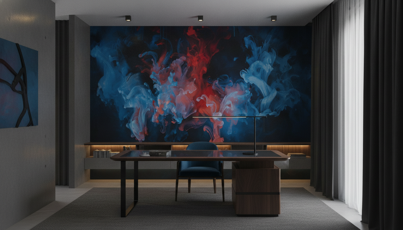 Papier Peint Abstrait Fumées Colorées Bleu Rouge Moderne - Bureau