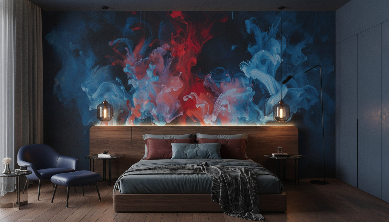 Papier Peint Abstrait Fumées Colorées Bleu Rouge Moderne - Chambre adulte