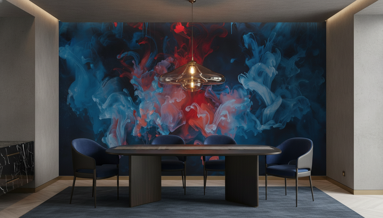 Papier Peint Abstrait Fumées Colorées Bleu Rouge Moderne - Salle à manger