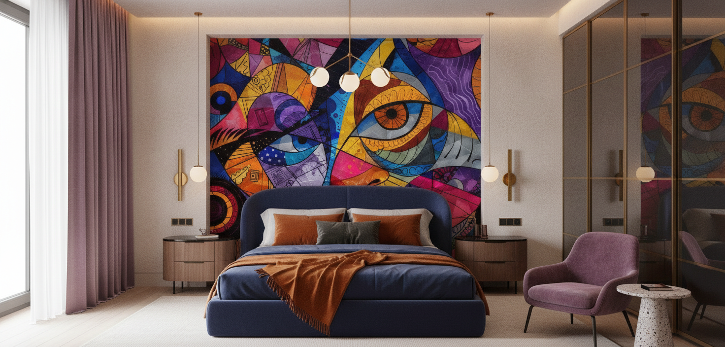 Papier peint abstrait multicolore aux motifs géométriques et organiques vibrants - Chambre adulte