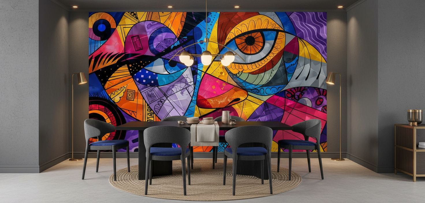 Papier peint abstrait multicolore aux motifs géométriques et organiques vibrants - Salle à manger