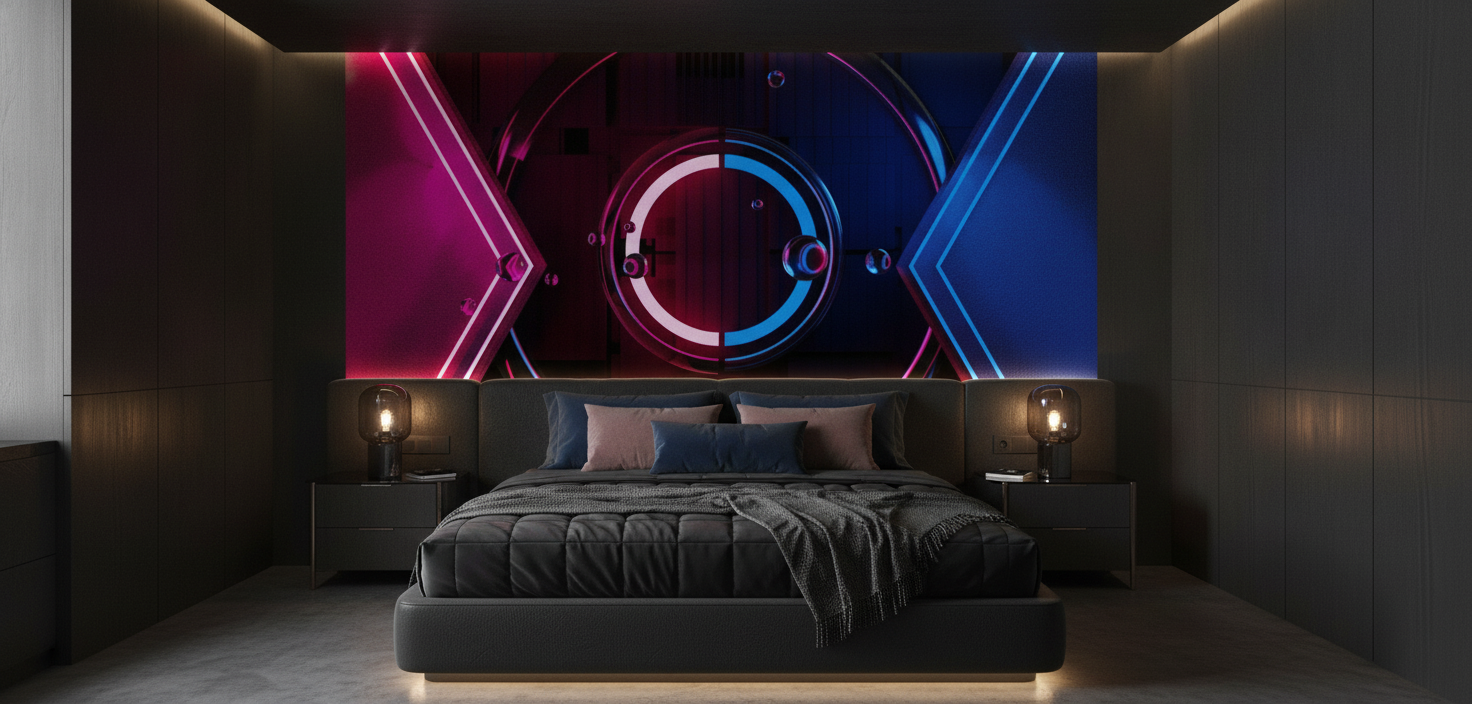 Papier Peint Abstrait Néon Futuriste Rose Bleu Électrique - Chambre adulte