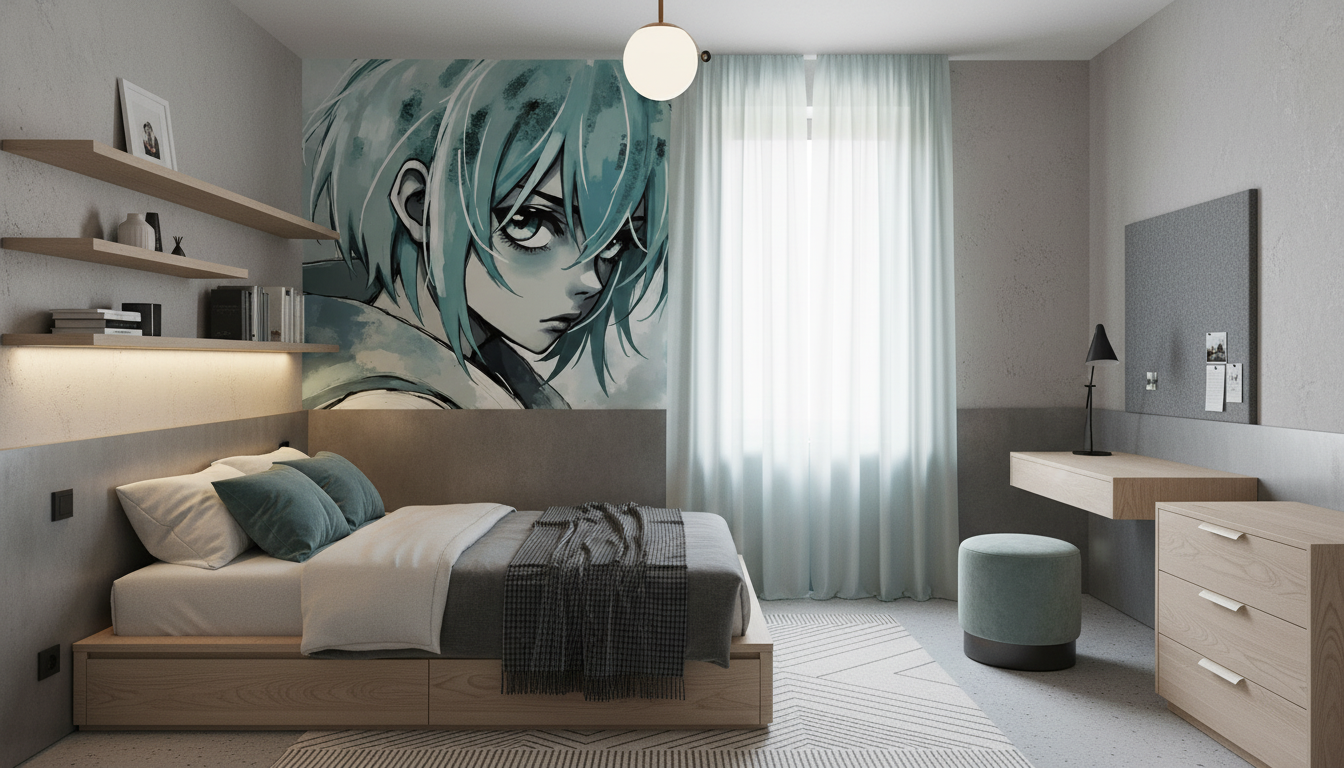 Papier Peint Anime Aquarelle Portrait Garçon Cheveux Turquoise - Chambre ado
