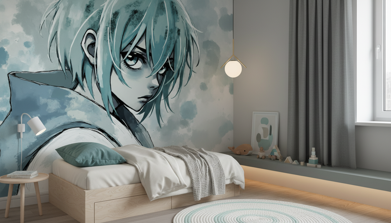 Papier Peint Anime Aquarelle Portrait Garçon Cheveux Turquoise - Chambre enfant