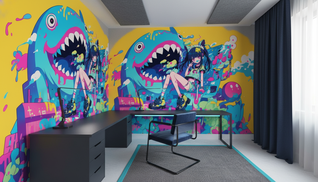 Papier peint anime cyberpunk coloré avec créature fantastique et personnage manga - Bureau
